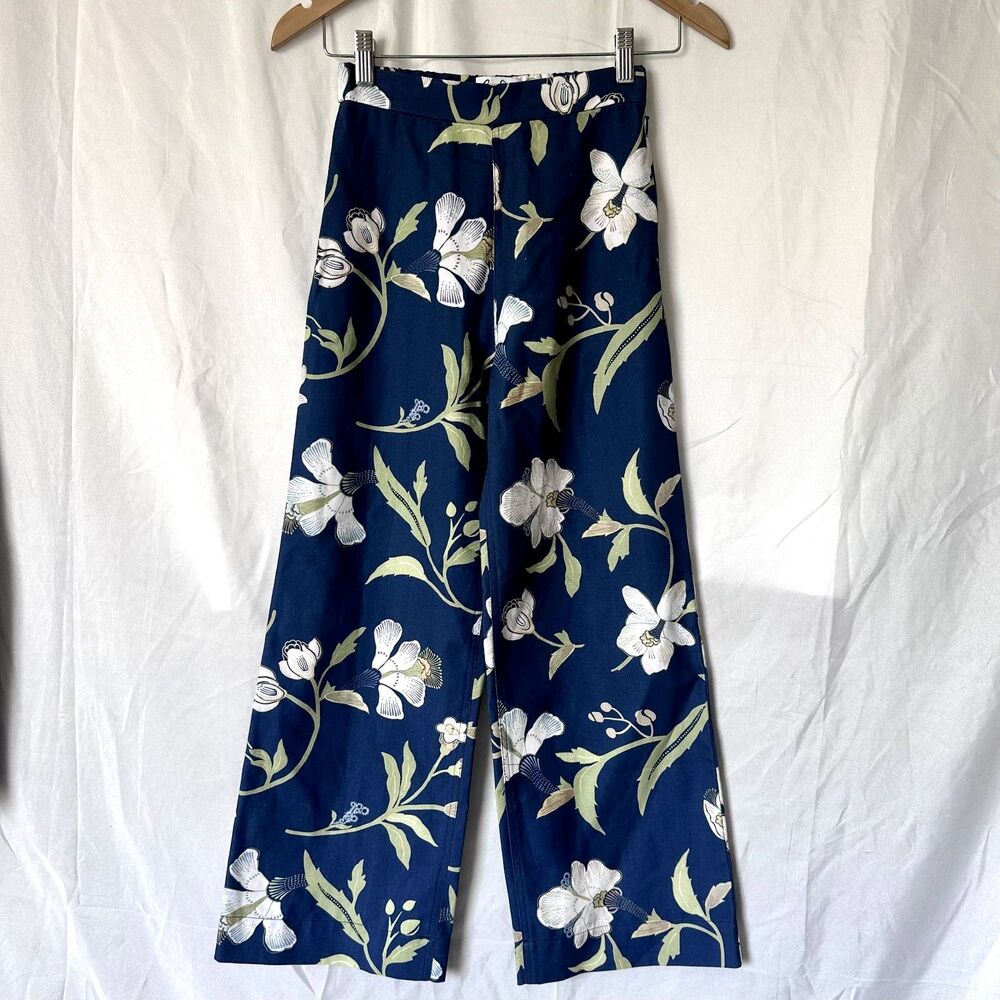 Coco Shop High-Waisted, Wide-Leg Pants in Navy Hibiscus 100% Cotton Size XS - Picture 2 of 11